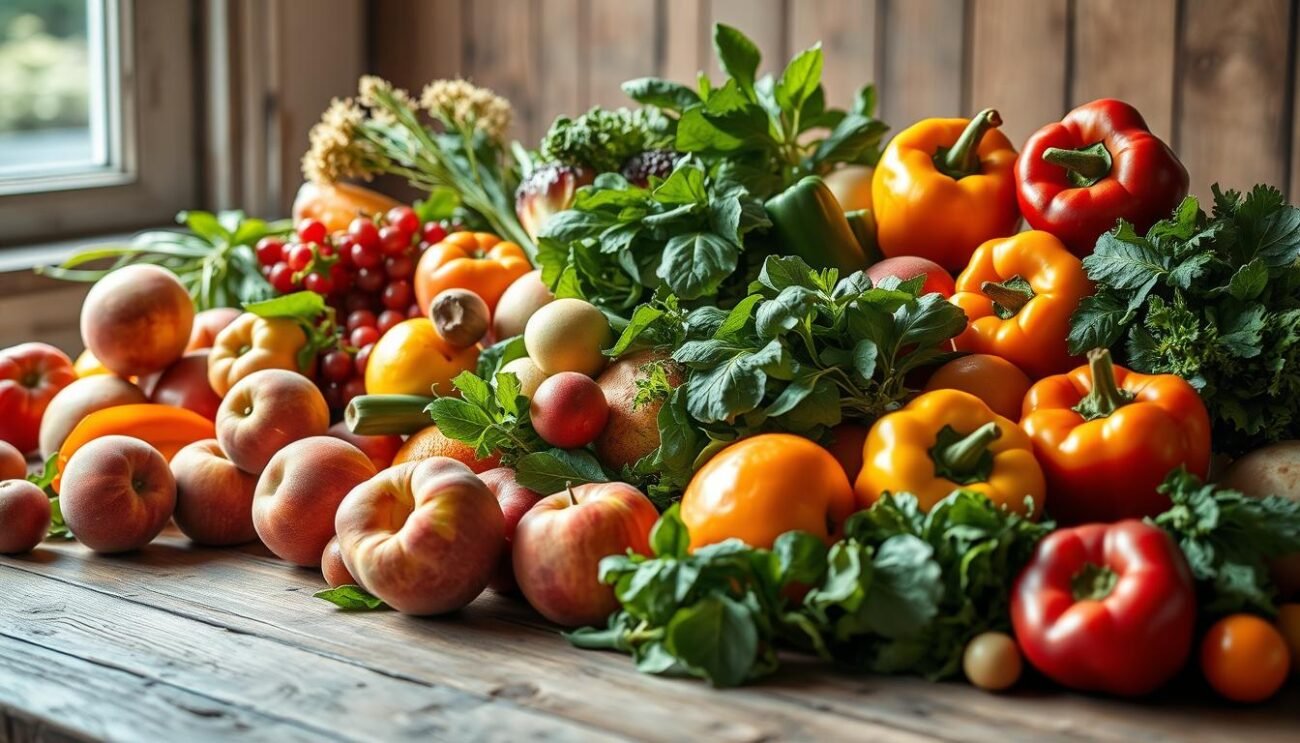 A vibrant still life of an abundant array of fresh, seasonal fruits and vegetables, arranged artfully on a rustic wooden table. Ripe, juicy peaches, crisp apples, leafy greens, and colorful bell peppers fill the frame, illuminated by soft, natural light filtering through a window. The composition is balanced, with the produce taking center stage, capturing the essence of a nourishing, plant-based diet. Subtle shadows add depth, while a muted, earthy color palette evokes a sense of warmth and wholesomeness. This image beautifully represents the joy and benefits of incorporating more fruits and vegetables into one's daily meals.