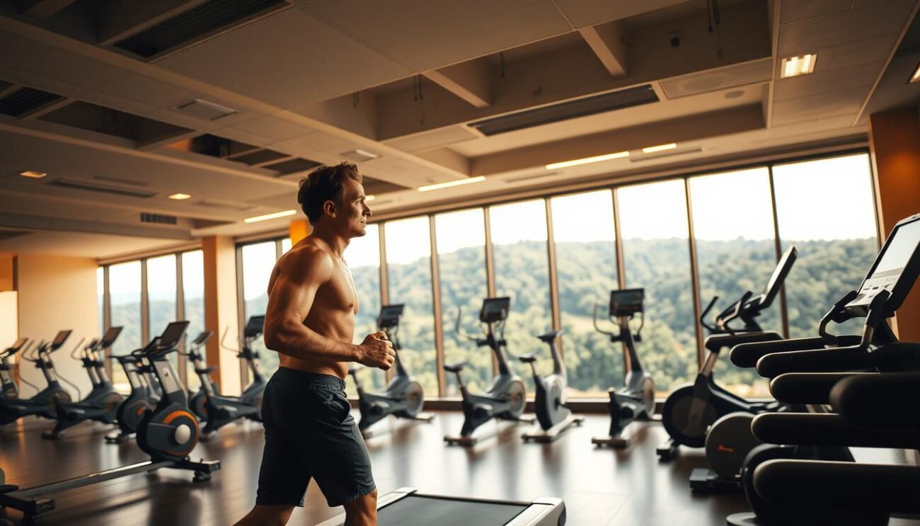A well-lit gymnasium with warm, diffused lighting highlighting a person engaged in dynamic cardio exercises. In the foreground, a muscular individual strides determinedly on a treadmill, their expression focused and their movements fluid. The middle ground features various cardio equipment like exercise bikes and elliptical machines, all bathed in a soft, golden glow. In the background, a panoramic window offers a scenic view of a verdant, lush landscape, creating a sense of openness and tranquility. The overall atmosphere exudes a positive, rejuvenating energy, conveying the health benefits of regular cardiovascular fitness.