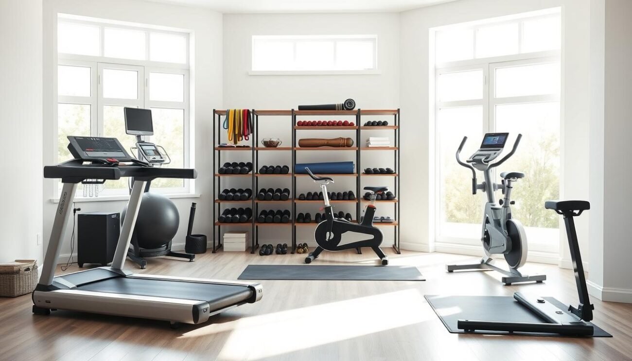 A well-lit home gym with a variety of modern fitness equipment arranged in an inviting, spacious layout. In the foreground, a sleek treadmill, a high-quality weight bench, and an exercise bike stand ready for use. In the middle ground, a set of dumbbells, resistance bands, and a yoga mat are neatly organized on a sturdy shelving unit. The background features large windows letting in abundant natural light, creating a bright, airy atmosphere. The overall scene conveys a sense of dedication to physical well-being and a commitment to maintaining a healthy lifestyle within the comfort of one's own home.