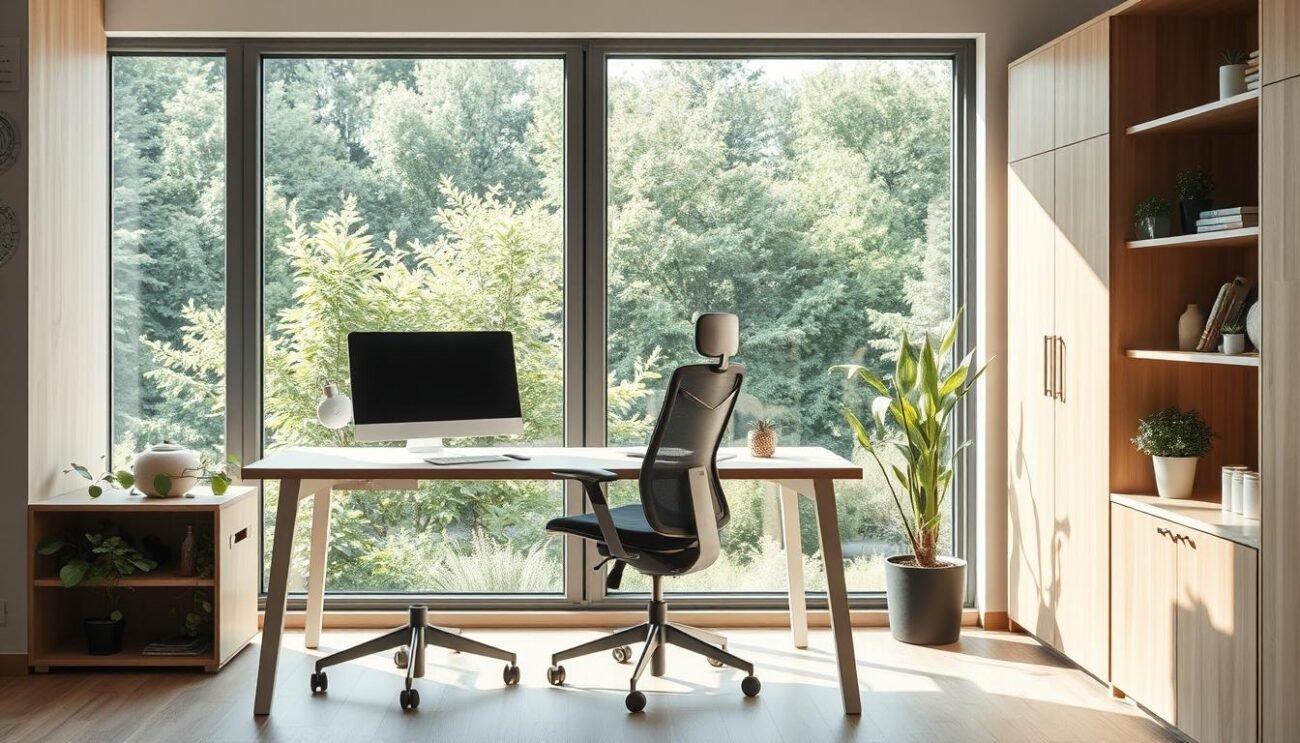 Aménagement ergonomique d'un bureau moderne, bien éclairé par une large fenêtre offrant une vue sur un paysage verdoyant. Un bureau en bois clair et simple, agrémenté de plantes d'intérieur, avec un siège ergonomique confortable et réglable. Sur le bureau, un ordinateur portable et un écran séparé, disposés de manière optimale pour le confort et la productivité. L'espace de travail est bien organisé, avec des rangements pratiques et un design minimaliste favorisant la concentration. L'ensemble respire le bien-être et la sérénité, créant un environnement de travail idéal.