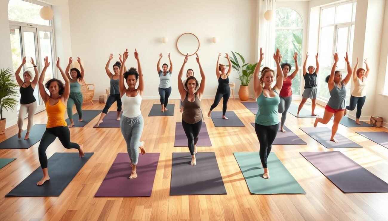 Detailed illustration of a peaceful yoga studio setting, with a diverse group of people practicing various yoga poses. Bright, airy space with natural lighting filtering through large windows. Hardwood floors, soothing neutral tones, and simple yet elegant decor create a calming ambiance. The students, of different ages and body types, are focused and serene, dispelling common misconceptions about the practice. Overhead view captures the fluid, interconnected movements, highlighting the accessibility and adaptability of yoga for all.