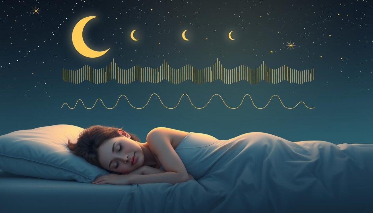 Detailed illustration of sleep cycles, depicting the various stages of the sleep process. In the foreground, a serene figure resting peacefully, illuminated by a soft, warm light. The middle ground showcases a visual representation of the different sleep stages, with undulating waves of brain activity and rapid eye movements. In the background, a calming, starry night sky sets the tranquil atmosphere. The composition emphasizes the importance of quality sleep for stress reduction, using a subtle, muted color palette and a sense of balance and harmony.