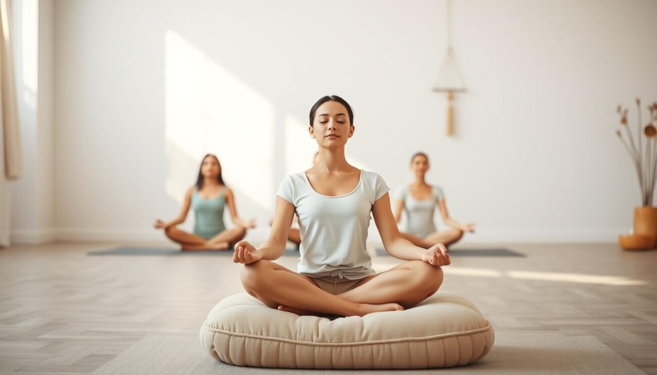 Peaceful meditation postures for beginners. In the foreground, a serene figure sits cross-legged on a plush cushion, hands resting gently on their lap, eyes closed in tranquil focus. A soft, natural light filters in from the background, casting a warm, calming glow. The middle ground features additional practitioners in various postures - some sitting upright, others in lotus position, all exuding a sense of inner calm. The backdrop is a minimalist, serene space with clean lines and neutral tones, creating a soothing, uncluttered environment conducive to mindfulness. Subtle details like the faint sound of a chime or the scent of incense heighten the meditative atmosphere. The overall scene conveys a sense of simplicity, balance, and the profound peace that can be found through the practice of meditation.