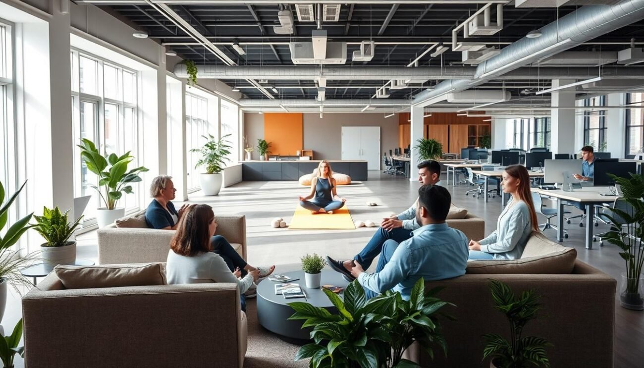 Prompt A serene office interior with a focus on employee well-being. In the foreground, a spacious and comfortable lounge area with plush armchairs, soft lighting, and natural elements like potted plants. Employees are engaged in relaxed conversation, their expressions conveying a sense of calm and rejuvenation. The middle ground features a meditation/yoga zone with soft mats and soothing colors, where a few individuals practice mindfulness exercises. The background showcases an open, airy workspace with ergonomic desks, natural light, and collaborative zones that encourage productivity and teamwork. The overall atmosphere exudes a harmonious balance between work and wellness, reflecting strategies to enhance psychological well-being in the corporate environment.