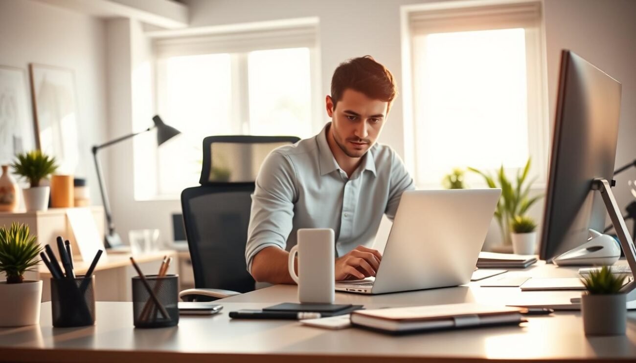A bright, modern office setting with a desk, computer, and various productivity tools. In the center, a person is sitting at the desk, intently focused on their laptop screen, reflecting the "Utilisation quotidienne Refresh.me" concept. The lighting is soft and natural, with warm tones creating a productive atmosphere. The background features minimalist decor and potted plants, suggesting a clean, organized, and rejuvenating workspace. The overall scene conveys a sense of efficiency, routine, and the seamless integration of the Refresh.me services into daily life.