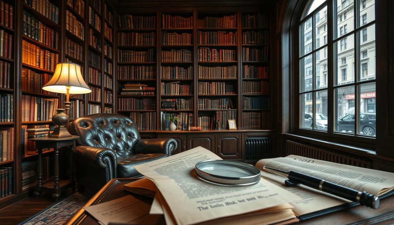 A cozy study nook with floor-to-ceiling bookshelves, illuminated by warm, diffused lighting. In the foreground, a vintage leather armchair and a decorative desk lamp invite contemplation. The middle ground features a well-worn, leather-bound book, partially obscured by scattered old letters and a magnifying glass, hinting at the pursuit of rare book discoveries. In the background, a large window offers a glimpse of a bustling urban street, adding a sense of mystery and connection to the outside world. The overall atmosphere evokes a sense of scholarly exploration and the thrill of unearthing literary treasures.