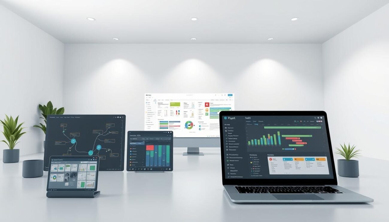 A detailed 3D visualization of advanced MindManager features, rendered in a clean and modern style. In the foreground, various intuitive visualization tools are prominently displayed, such as mind maps, Gantt charts, and timelines. The middle ground showcases collaborative editing, task management, and data integration capabilities. In the background, a sleek, minimalist workspace environment sets the scene, with subtle lighting emphasizing the software's elegant design. The overall atmosphere conveys the power and versatility of MindManager as a comprehensive project management solution.