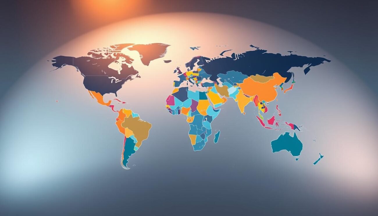 A detailed world map showcasing the expansive global coverage of the eSIM service, rendered in a clean, modern style. The map occupies the central focus, rendered with precision and clarity, depicting the major continents and their countries in vivid colors. The background is minimalist, allowing the map to take center stage, with subtle gradients and textures adding depth and visual interest. Subtle lighting from the top-left casts a warm, inviting glow across the scene, highlighting the map's borders and continental details. The overall composition conveys a sense of technological sophistication and worldwide connectivity, perfectly suited to illustrate the international roaming capabilities of the eSIM solution.