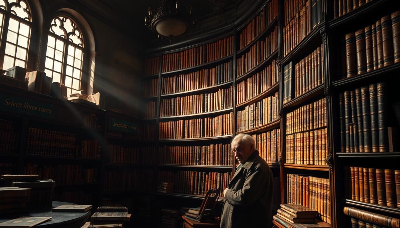 A dimly lit antique bookshop interior, showcasing a curated "sélection livres rares" display. Soft, warm lighting illuminates the aged leather bindings and gilt-edged pages of the rare volumes arranged on ornate wooden shelves. The shelves stretch into the background, creating a sense of depth and mystery. Sunlight filters through dusty windows, casting subtle shadows that add depth and texture to the scene. An elderly bookseller stands nearby, ready to assist customers in their search for these literary treasures. The atmosphere evokes a sense of wonder, history, and the joy of discovery that comes with exploring a collection of rare books.