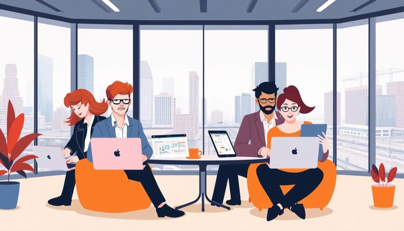 A dynamic and visually engaging illustration showcasing the use cases of Reclaim.ai across various professions. In the foreground, a diverse group of professionals - a business executive, a marketing manager, a software developer, and a project manager - are collaboratively planning their schedules and tasks using the Reclaim.ai interface on their laptops and tablets. The middle ground features a sleek, modern office space with floor-to-ceiling windows, allowing natural light to illuminate the scene. In the background, a cityscape of skyscrapers and bustling streets sets the scene, conveying the professional, fast-paced environment in which Reclaim.ai thrives. The overall mood is one of efficiency, productivity, and interdisciplinary collaboration, reflecting the key benefits of using Reclaim.ai in various job roles.