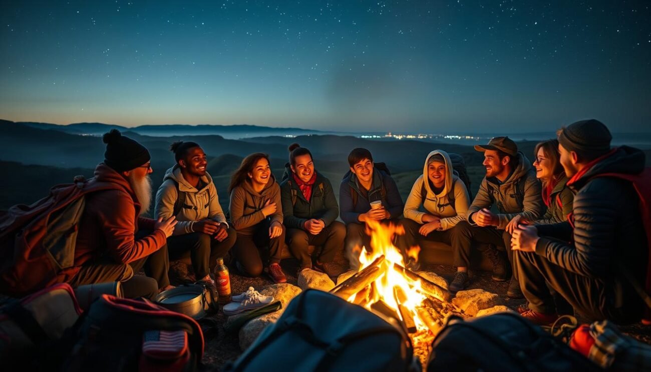 A group of diverse travelers gathered around a fire, sharing stories and laughter under a starry night sky. In the foreground, backpacks, hiking gear, and souvenirs from their adventures create a cozy, lived-in atmosphere. The middle ground features the travelers engaged in animated conversations, their faces lit by the warm glow of the campfire. In the background, rolling hills and a distant horizon evoke a sense of expansive, untamed landscapes they have explored. The lighting is soft and natural, creating a welcoming, intimate mood that captures the essence of travelers' shared experiences and personal growth.