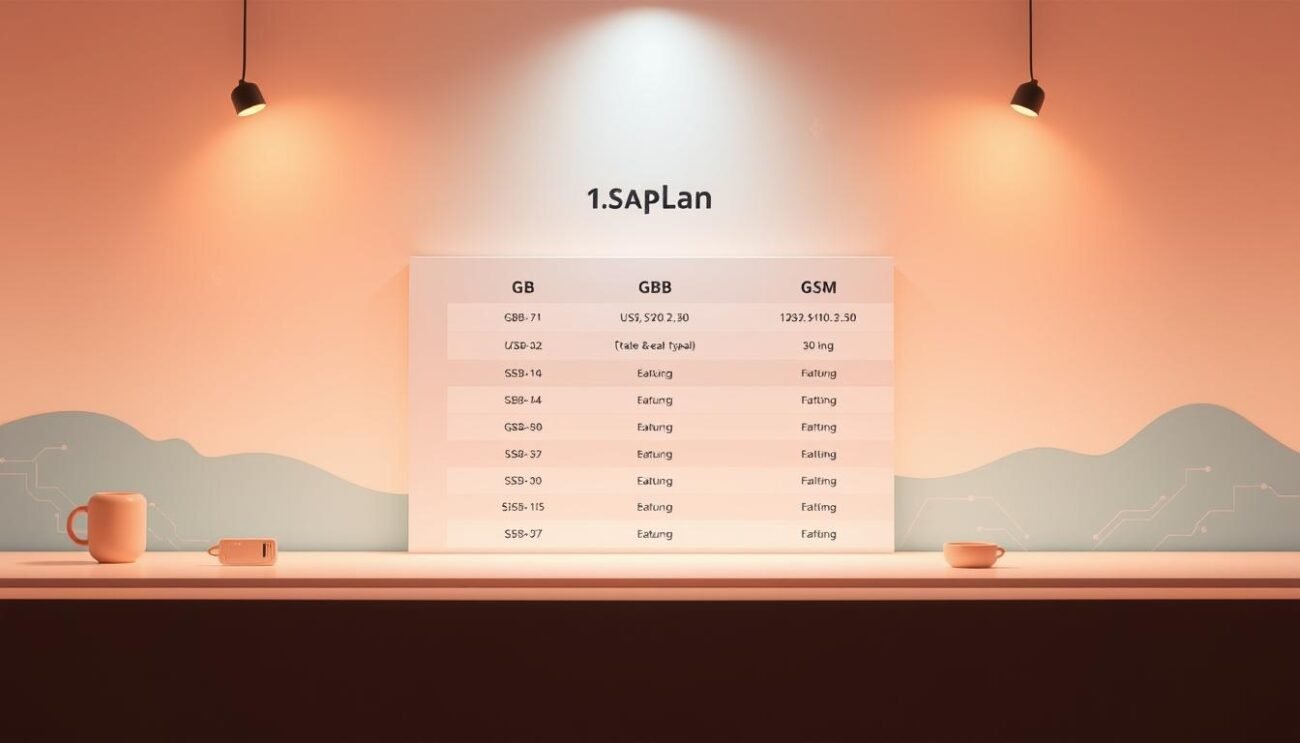 A high-quality data plan illustration showcasing Saily eSIM's flexible and affordable connectivity solutions. Prominently display a clean, modern data plan table with varying GB options, prices, and feature details. Surround the table with a soft, pastel-tinted backdrop, evoking a sense of travel and global accessibility. Incorporate subtle technology-inspired elements such as circuit board patterns or digital wireframe motifs to reinforce the digital eSIM concept. Utilize warm, inviting lighting to create a premium, trustworthy aesthetic. Frame the composition with minimalist, elegant design for a sleek, sophisticated look that aligns with the Saily eSIM brand.