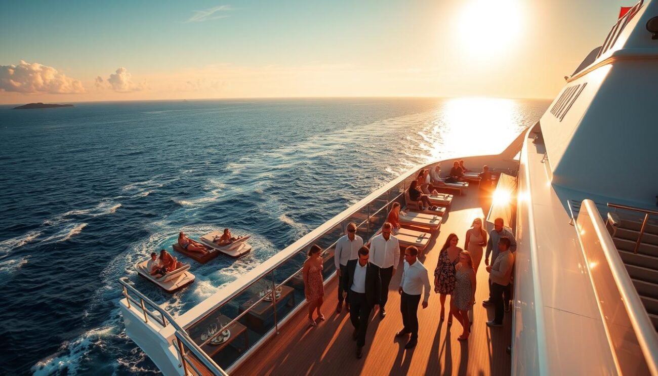 A luxurious cruise ship glides across the tranquil ocean, its sleek silhouette and gleaming white exterior radiating elegance. The sun's golden rays dance across the waves, casting a warm glow on the ship's upper decks where passengers lounge on plush sunbeds, sipping fine wines and indulging in gourmet cuisine. In the foreground, a group of well-dressed guests mingle on the expansive promenade, their laughter and conversation creating a sense of relaxed sophistication. The background is dotted with distant islands and a breathtaking azure sky, hinting at the extraordinary destinations awaiting the ship's exclusive voyagers. This is the essence of a premium travel experience, where every detail is thoughtfully curated to deliver an unforgettable journey.