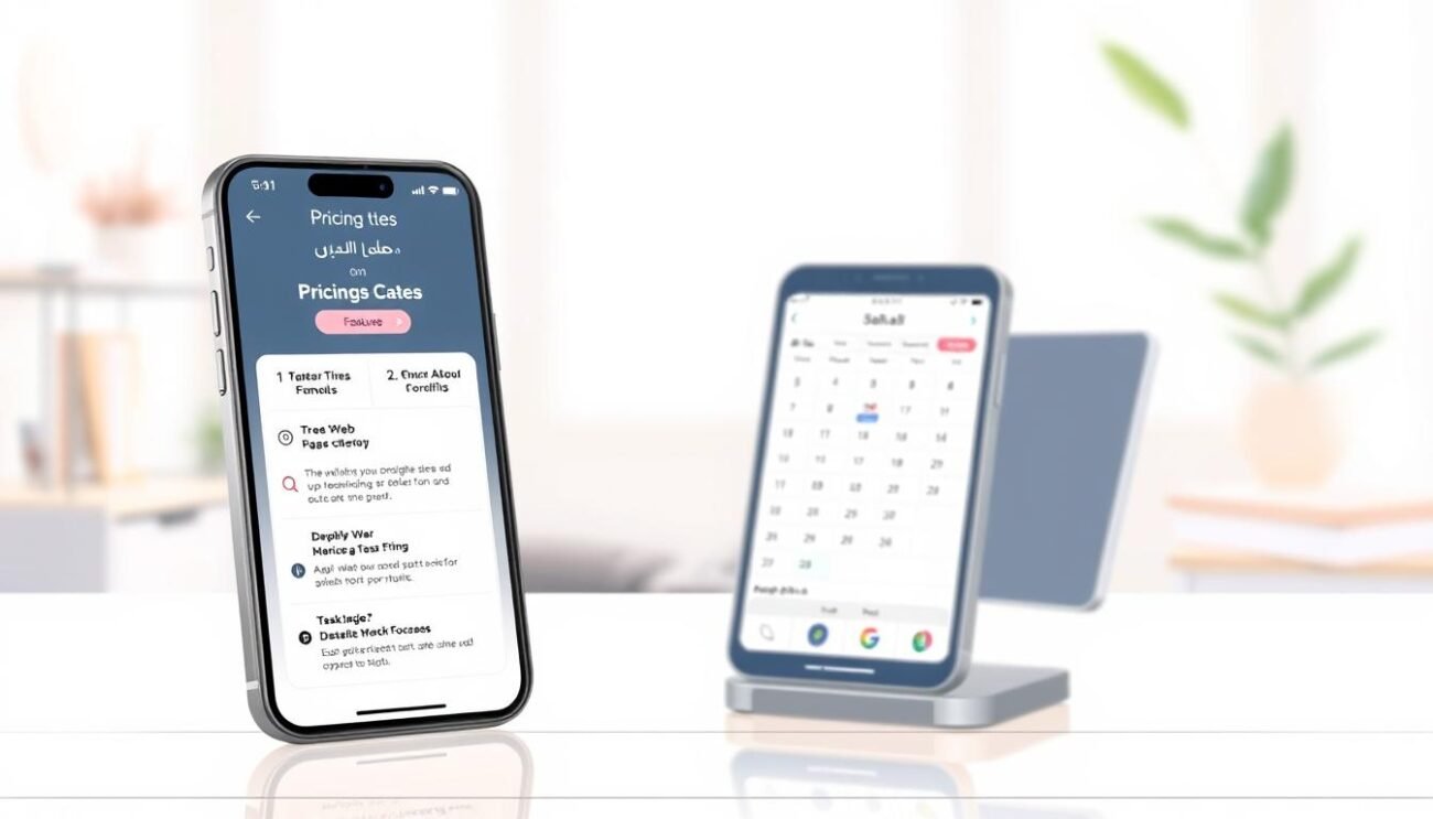 A meticulously detailed illustration of "خطط تسعير تطبيق إدارة المهام", featuring a crisp, clean, and minimalist user interface. In the foreground, a smartphone screen displays various pricing tiers and subscription options, each with clear, concise descriptions of the features and benefits. The middle ground showcases a calendar view, highlighting the task management capabilities of the app. The background depicts a serene, light-filled workspace, with subtle cues of productivity and organization. The overall mood is professional, modern, and visually appealing, capturing the essence of a task management application's pricing structure and value proposition.
