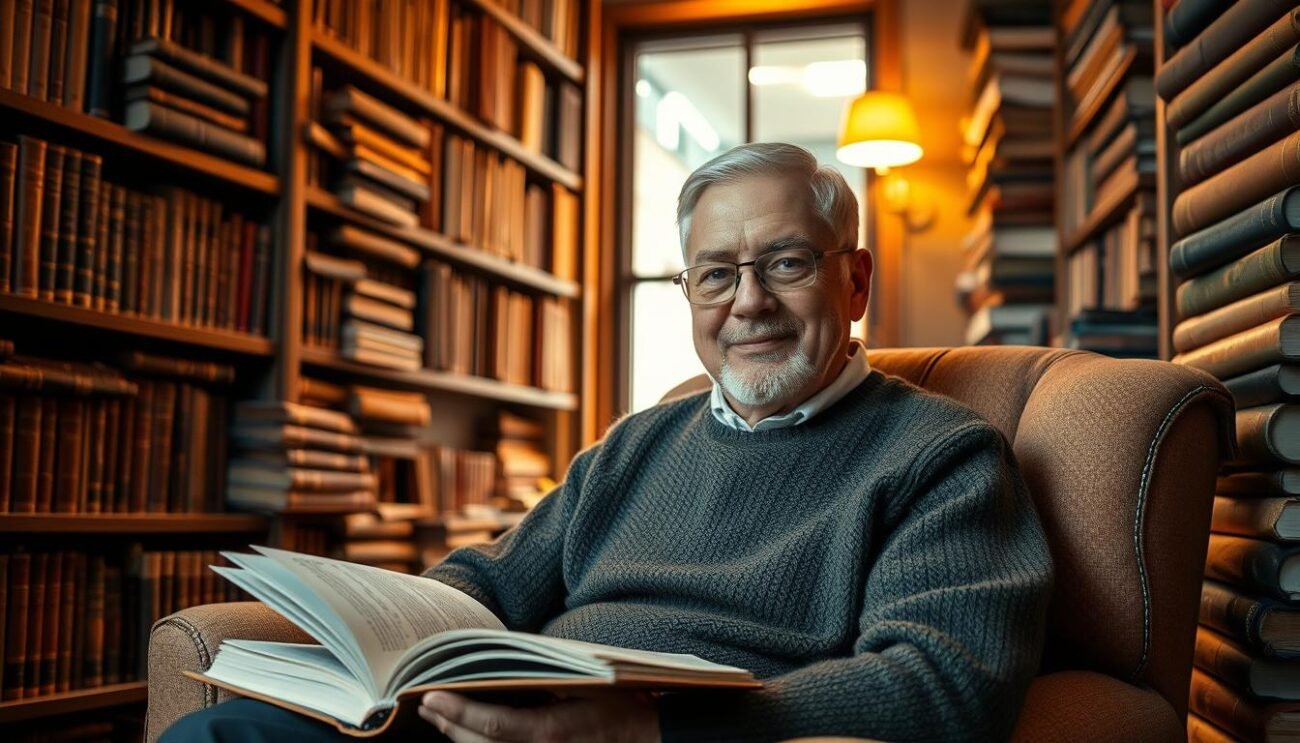 A middle-aged person, dressed in a cozy sweater, sits in a comfortable armchair, surrounded by towering bookshelves. A warm, soft light illuminates the scene, casting a cozy glow on the book collector's features. Stacks of leather-bound volumes, some weathered and others pristine, line the shelves, hinting at a lifetime of literary exploration. An open book rests on the collector's lap, their eyes filled with the wonder of discovery. The room exudes an atmosphere of quiet contemplation, where the joy of reading and the thrill of the hunt converge, embodying the ideal user of AbeBooks - the passionate book collector.