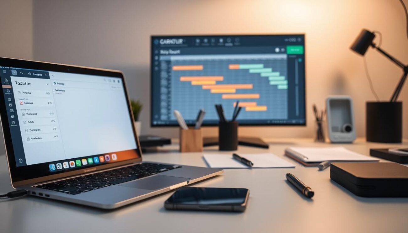 A modern and minimalist workspace with a variety of productivity-enhancing tools and technologies. In the foreground, an open laptop displays a to-do list app, with crisp icons and clean interface. Next to it, a sleek smartphone and a stylus for note-taking and task management. In the middle ground, a set of ergonomic office supplies like a high-quality pen, a notebook, and a desk organizer. The background features a large monitor displaying a Gantt chart or a project management dashboard, bathed in soft, indirect lighting that creates a calm and focused atmosphere. The overall scene conveys a sense of efficiency, organization, and a streamlined approach to task management and productivity.