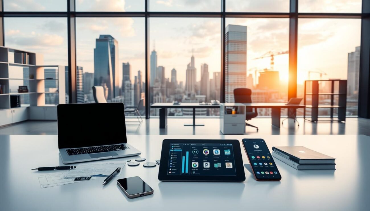 A modern office interior with a large window overlooking a bustling city skyline. In the foreground, a sleek desk displays an array of business software tools - a laptop, a tablet, a smartphone, and various productivity apps. The middle ground features stylish office furniture, including an ergonomic chair and minimalist shelving units. The background showcases the cityscape, with skyscrapers and cranes reflecting the warm glow of the setting sun. The lighting is soft and balanced, creating a professional yet inviting atmosphere. The composition emphasizes the synergy between technology and workspace, suggesting the tools and environment conducive to business growth.