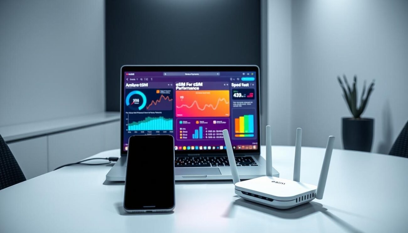 A modern, sleek office workspace with a laptop displaying vibrant graphs and data visualizations showcasing eSIM performance speed test results. The screen is illuminated by a soft, directional lighting from the left, casting subtle shadows and highlighting the details. In the foreground, a smartphone and a compact wireless router are positioned strategically, symbolizing the connectivity and mobility enabled by eSIM technology. The background features a minimalist, monochromatic decor with clean lines and subtle textures, creating a professional, high-tech ambiance. The overall composition conveys a sense of efficiency, innovation, and user-centric design.