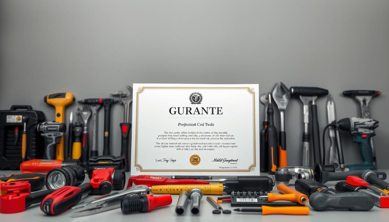 A professional-looking guarantee certificate against a backdrop of a neatly arranged assortment of high-quality tools and equipment. The certificate is prominently displayed, with a clean, elegant design featuring a company logo, and clear text outlining the refund policy for professional tools. The lighting is soft and diffused, creating a sense of quality and trustworthiness. The tools in the middle ground are arranged in an organized, visually appealing manner, showcasing a variety of popular professional equipment. The background is a minimalist, muted color palette, allowing the certificate and tools to be the focal points of the image.