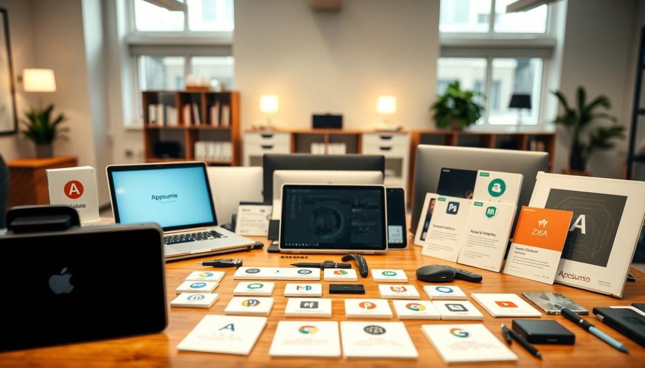 A professional office setting with an array of high-quality tools and software packages arranged neatly on a wooden desk. The foreground features a clean, minimalist layout of various app icons and category labels, hinting at the diverse range of digital tools available on Appsumo. The middle ground showcases several laptops, tablets, and other electronic devices, creating a sense of productivity and functionality. The background is a soft, warm-toned environment, perhaps an office or a creative workspace, suggesting a professional and sophisticated ambiance. Subtle lighting from windows or lamps casts a gentle glow, highlighting the sleek, modern design of the tools. The overall composition conveys a sense of organization, efficiency, and the accessible nature of the Appsumo platform for professionals.