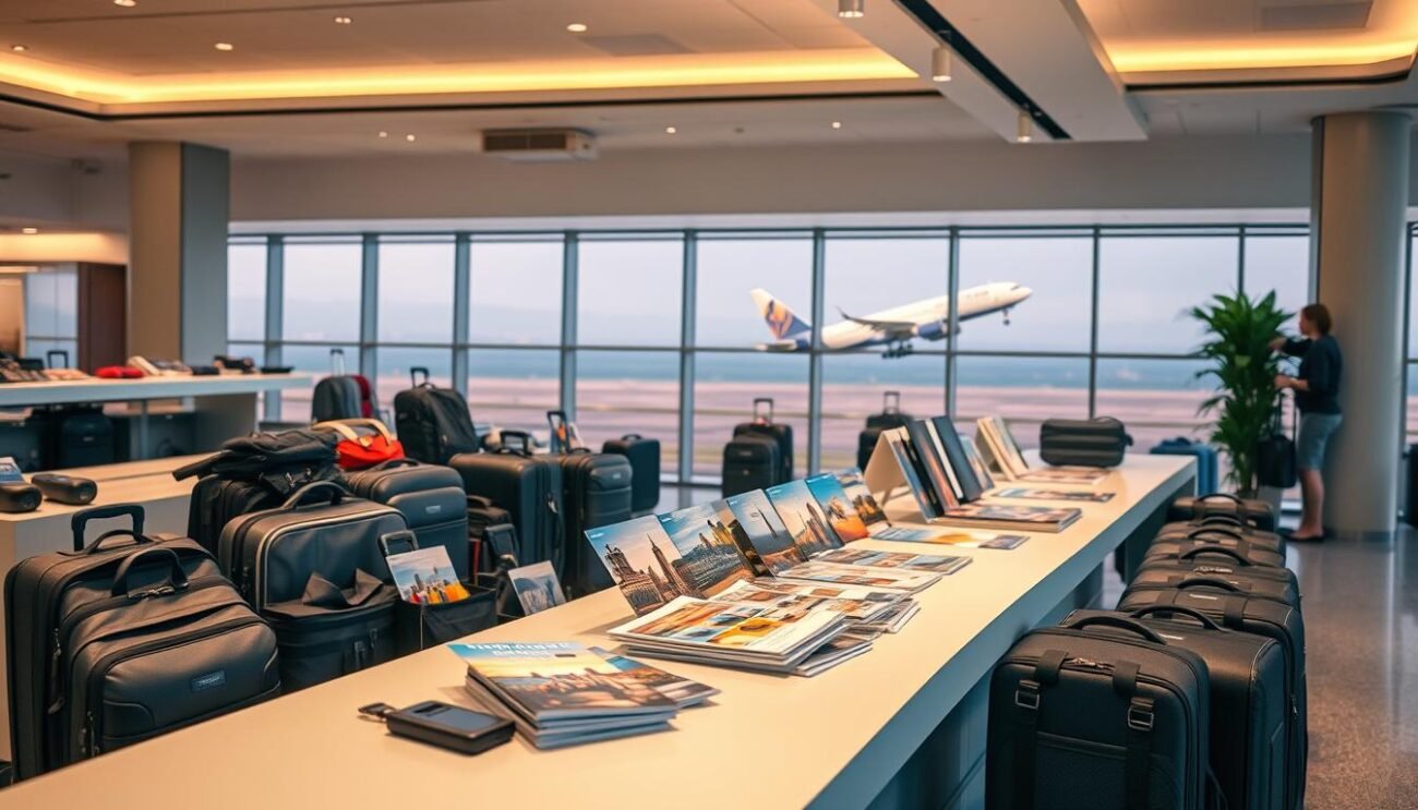 A serene airport lounge filled with an array of travel packages, each neatly displayed on a sleek, modern counter. Soft, diffused lighting illuminates the scene, casting a warm, inviting glow. In the foreground, a variety of suitcases, backpacks, and travel accessories are artfully arranged, hinting at the endless possibilities for adventure. The middle ground features a selection of travel brochures, each showcasing vibrant, destination-specific imagery. In the background, a panoramic window offers a glimpse of an aircraft taking off, symbolizing the excitement of embarking on a journey. The overall atmosphere conveys a sense of seamless organization and the promise of a hassle-free travel experience.
