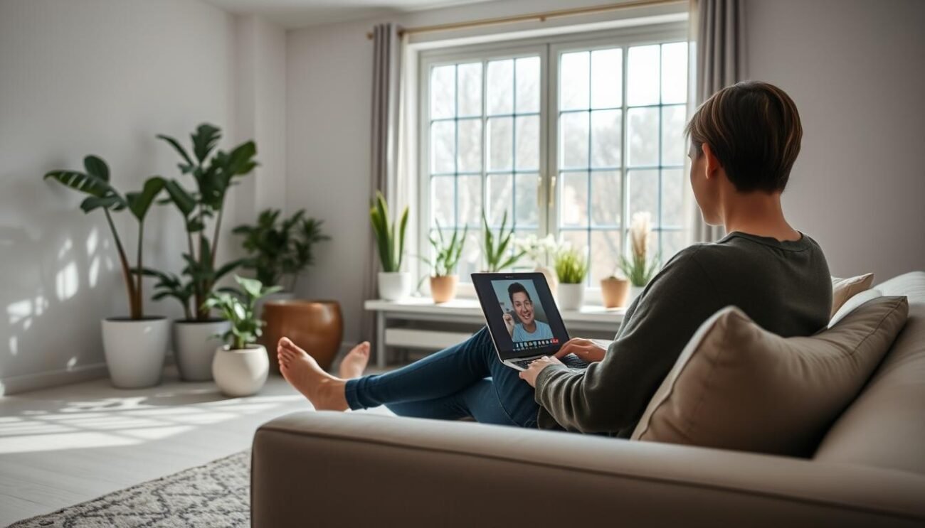 A serene, well-lit online therapy session, captured in a modern, minimalist setting. In the foreground, a person sits comfortably on a couch, engaged in deep discussion with their therapist, visible on a laptop screen. The middle ground features an array of thoughtfully placed plants and calming decor, creating a soothing, nurturing atmosphere. The background showcases a large window, allowing natural light to flood the space and infuse the scene with a sense of tranquility. Soft, diffused lighting and a muted color palette convey a sense of introspection and emotional healing, reflecting the diverse range of issues that can be addressed through online therapy.