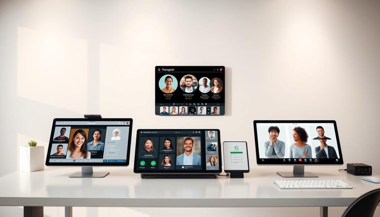 A sleek, minimalist therapy platform comparison presented on a clean, modern desk. In the foreground, various therapist profiles are displayed on high-resolution digital screens, showcasing their expertise and specialties. The middle ground features an array of intuitive icons and controls, allowing for seamless navigation and scheduling. The background depicts a serene, calming environment with soft, diffused lighting, complementing the professional yet approachable atmosphere. The overall composition conveys a sense of accessibility, personalization, and the seamless integration of technology and mental healthcare.