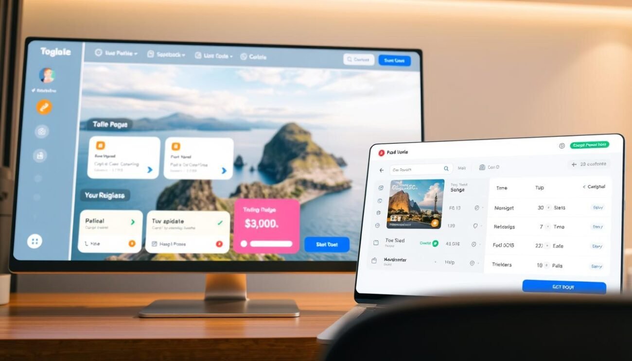 A sleek, modern user interface showcasing a simplified travel booking process. In the foreground, a clean, intuitive dashboard presents key booking steps in a streamlined layout, with minimalist iconography and vivid yet soothing color accents. The middle ground features a large, captivating image of a serene, picturesque destination, drawing the viewer's eye and sparking the imagination. The background subtly hints at the broader travel-code.com ecosystem, with subtle branding elements and a sense of technological sophistication. Soft, diffused lighting and a crisp, high-resolution render create a polished, professional aesthetic that reflects the ease and efficiency of the booking experience.
