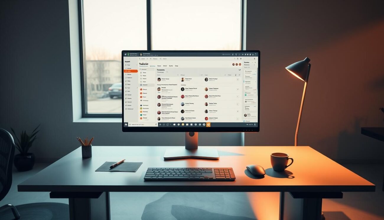 A sleek, modern workspace with a large desk, a high-resolution monitor displaying a detailed Todoist interface, and various productivity-enhancing items like a stylus, a wireless mouse, and a cup of coffee. The scene is bathed in warm, directional lighting from a large window, casting subtle shadows and highlighting the task management features on the screen. The background is a minimalist, monochromatic setting with clean lines and geometric shapes, creating a sense of focus and organization. The overall atmosphere conveys a sense of efficiency, control, and the powerful capabilities of Todoist for power users.