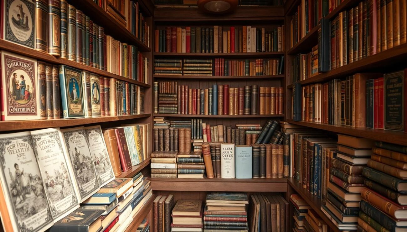A stunning collection of books displayed on rustic wooden shelves, bathed in soft, natural lighting. In the foreground, a variety of book covers showcase the diverse "types produits livres" available, with intricate illustrations, gilded lettering, and weathered spines hinting at their age and rarity. The middle ground features a mix of hardcovers and paperbacks, neatly arranged in a visually appealing manner, while the background fades into a warm, cozy atmosphere, inviting the viewer to explore the treasures within. The overall composition conveys a sense of classic elegance and the timeless allure of vintage literature.