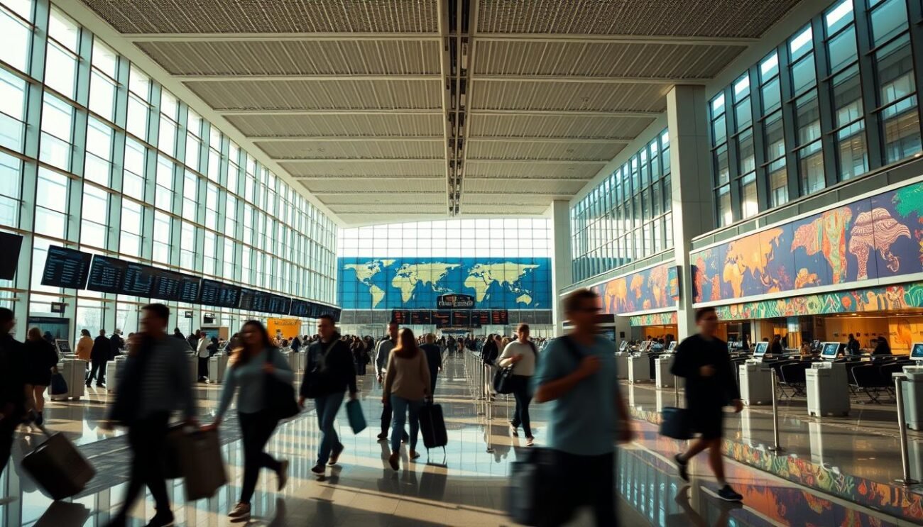 A vast, sun-drenched international airport terminal with sleek, modern architecture and expansive glass walls. In the foreground, a group of travelers hurry through the concourse, their silhouettes blurred in motion. The middle ground features rows of digital departure boards and check-in counters, all bathed in the warm, ambient glow of overhead lighting. The background showcases a vibrant, colorful mural depicting diverse cultures and global destinations. The overall atmosphere is one of efficiency, excitement, and the sense of embarking on a journey to faraway lands.
