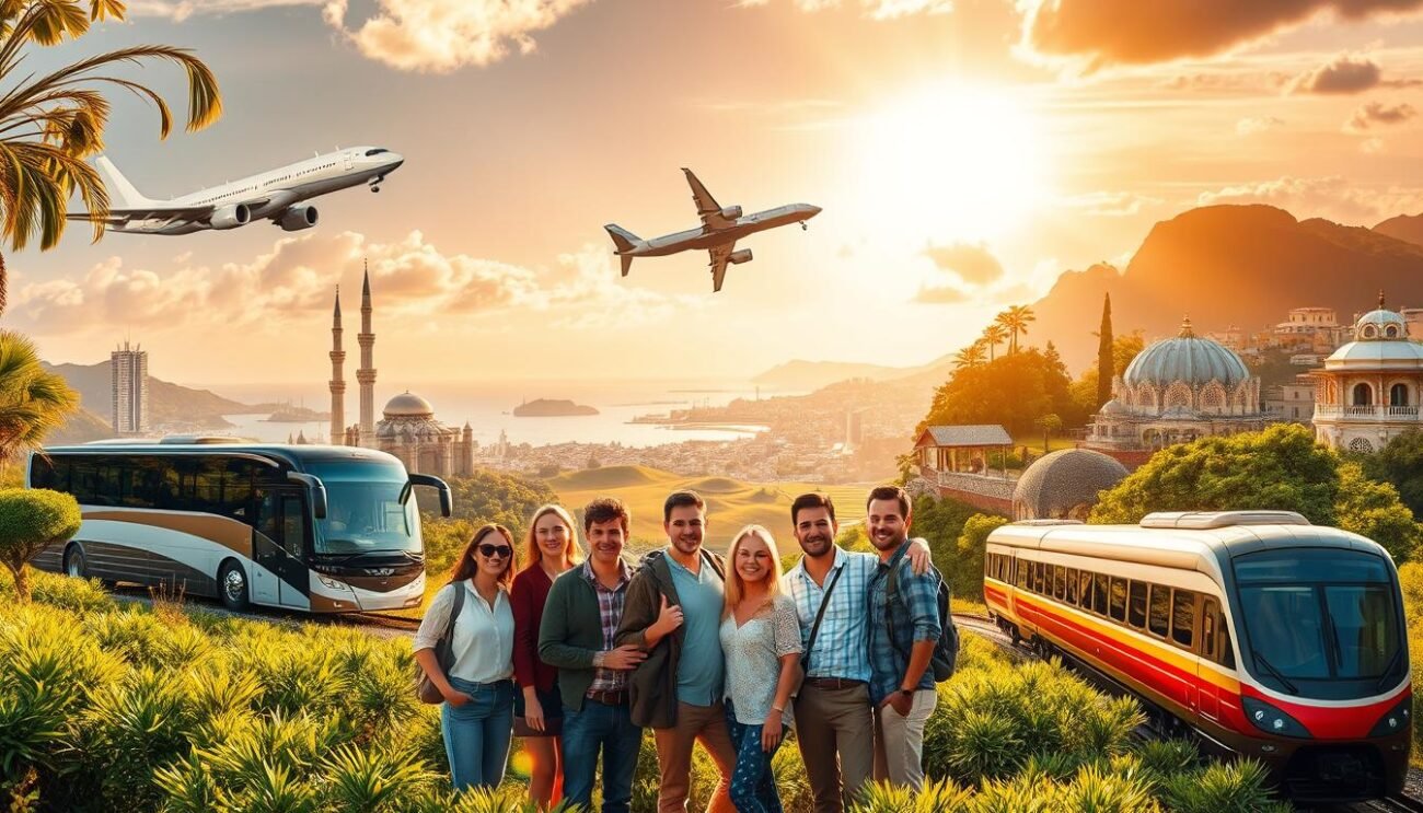 A vibrant and immersive travel package showcasing the ultimate vacation experience. In the foreground, a group of well-dressed travelers stands amidst a lush, sun-dappled landscape, their expressions radiating excitement and anticipation. The middle ground features a diverse array of transportation options - a sleek, modern airplane, a comfortable tour bus, and a scenic train winding through rolling hills. In the background, a panoramic vista unfolds, revealing iconic landmarks, serene beaches, and captivating cityscapes. The lighting is warm and inviting, casting a golden glow that enhances the overall sense of adventure and discovery. The composition is balanced, with a harmonious blend of natural and man-made elements, conveying the notion of a seamless, all-inclusive travel experience.