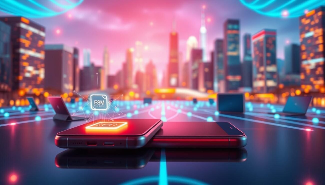 A vibrant, futuristic illustration of Saily eSIM digital connectivity. In the foreground, a sleek, metallic smartphone with a glowing eSIM icon radiates digital signals. The middle ground features a network of interconnected devices - laptops, tablets, and wearables - seamlessly synced through the eSIM technology. In the background, a cityscape of towering skyscrapers and glowing data centers represents the vast global infrastructure supporting Saily's seamless digital travel experience. Warm, neon-tinged lighting casts a futuristic glow, while dynamic lens flares and depth of field create a sense of depth and movement. The overall atmosphere conveys the power, convenience, and innovation of Saily eSIM, perfectly capturing the essence of the "What is Saily eSIM?" section.