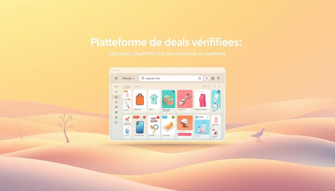 A visually captivating digital illustration of "Plateforme de deals vérifiés", showcasing a vibrant and organized online marketplace. In the foreground, a sleek and minimalist user interface displays an array of verified deals and discounts, inviting users to explore and save. The middle ground features product images and icons, meticulously designed to capture the essence of everyday essentials and luxuries. In the background, a soft, gradient-driven landscape sets the stage, evoking a sense of trust, reliability, and the promise of substantial savings. Warm lighting and a subtle, elegant color palette create a refined and trustworthy atmosphere, perfectly aligning with the section title "Découvrez DealMirror : Votre allié pour des économies au quotidien".