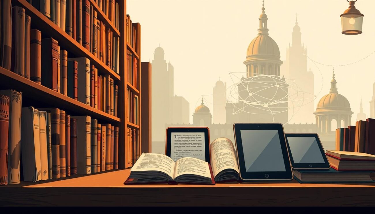 A well-lit, detailed illustration showcasing the evolution of the AbeBooks used book platform. In the foreground, a vintage bookshelf with dog-eared, worn volumes, gradually transitioning to sleek, modern e-readers and tablets in the middle ground. The background depicts the growth of the online marketplace, from early websites to a dynamic, interconnected global network of buyers and sellers. Soft, warm lighting creates a nostalgic, intellectual atmosphere, complemented by subtle architectural elements that hint at the platform's history and future. The composition strikes a balance between the tactile charm of physical books and the convenience of digital book discovery and purchase.