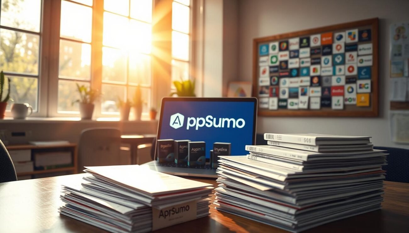 Imagine a vibrant, sun-drenched office space, filled with the warm glow of natural light streaming through large windows. On the desk, a laptop displays the AppSumo logo, surrounded by an array of software boxes and product icons - visual representations of the lifetime software deals available on the platform. The foreground features a stack of neatly organized invoices and receipts, symbolizing the significant savings that users can enjoy. In the background, a bulletin board showcases various software logos, hinting at the diverse range of products and services offered through AppSumo's exclusive deals. The overall scene conveys a sense of productivity, efficiency, and the thrill of discovering valuable software solutions at remarkable prices.