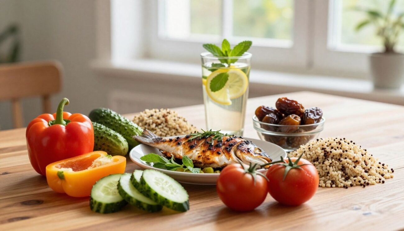 A beautifully arranged table featuring a balanced, healthy meal symbolizing eco-conscious Ramadan practices. In the foreground, a colorful assortment of fresh vegetables like bell peppers, cucumbers, and tomatoes, complemented by whole grains such as quinoa and brown rice. A centerpiece of grilled fish or chicken, seasoned with herbs, showcases protein options. In the middle ground, a gentle glass of infused water with lemon and mint sits next to a small bowl of dates. The background features soft natural lighting filtering through an open window, creating a warm, inviting atmosphere. Set against a wooden table, the scene emphasizes sustainability and mindfulness, reflecting the spirit of a responsible Ramadan feast. A beautifully arranged table featuring a balanced, healthy meal symbolizing eco-conscious Ramadan practices. In the foreground, a colorful assortment of fresh vegetables like bell peppers, cucumbers, and tomatoes, complemented by whole grains such as quinoa and brown rice. A centerpiece of grilled fish or chicken, seasoned with herbs, showcases protein options. In the middle ground, a gentle glass of infused water with lemon and mint sits next to a small bowl of dates. The background features soft natural lighting filtering through an open window, creating a warm, inviting atmosphere. Set against a wooden table, the scene emphasizes sustainability and mindfulness, reflecting the spirit of a responsible Ramadan feast.