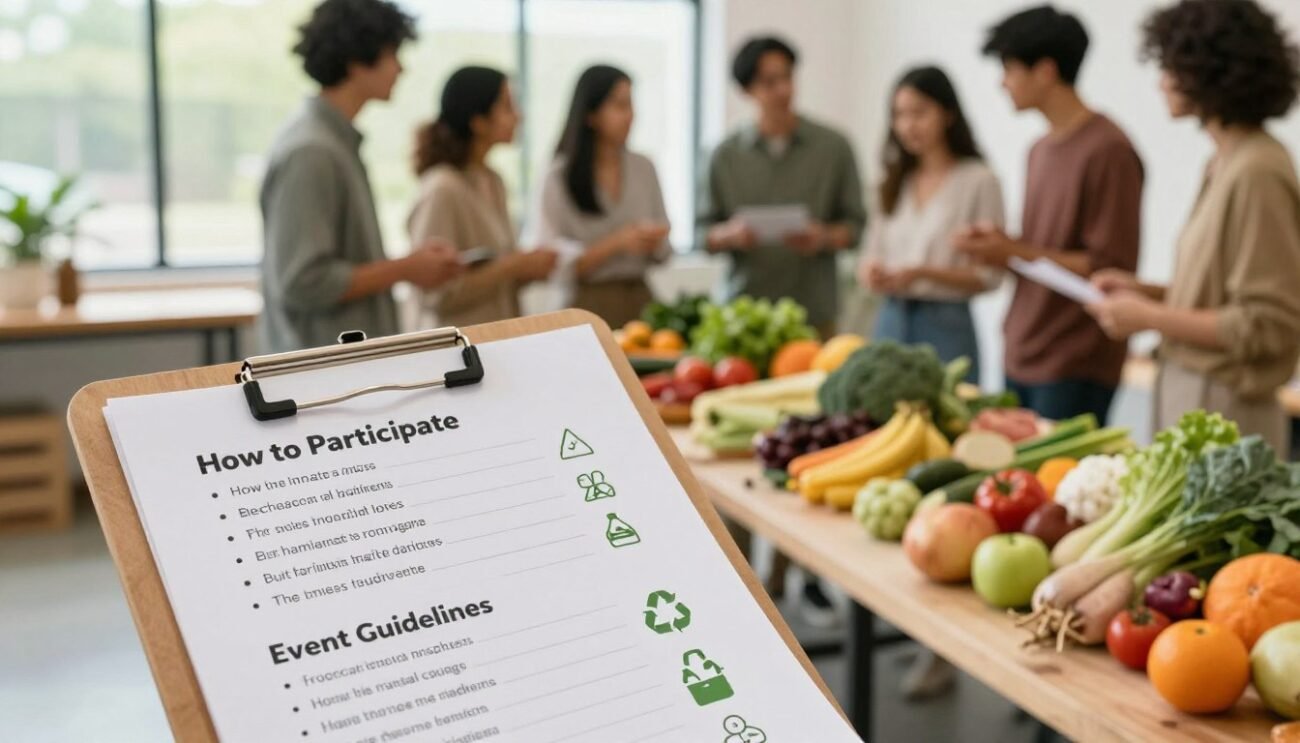 A beautifully organized workspace featuring a large table covered with colorful local produce, including fruits and vegetables. In the foreground, a close-up of a checklist with bullet points labeled "How to Participate" and "Event Guidelines," with icons representing sustainable practices, like recycling and reusable bags. In the middle ground, individuals dressed in modest casual clothing are engaged in a discussion, sharing ideas about the challenge in a collaborative manner. The background showcases a large window with soft, natural light streaming in, creating a warm and inviting atmosphere. The overall mood is encouraging and community-oriented, highlighting the importance of local choices in everyday life. Bright colors and greenery enhance the sense of responsibility and sustainability, without any text or distractions. A beautifully organized workspace featuring a large table covered with colorful local produce, including fruits and vegetables. In the foreground, a close-up of a checklist with bullet points labeled "How to Participate" and "Event Guidelines," with icons representing sustainable practices, like recycling and reusable bags. In the middle ground, individuals dressed in modest casual clothing are engaged in a discussion, sharing ideas about the challenge in a collaborative manner. The background showcases a large window with soft, natural light streaming in, creating a warm and inviting atmosphere. The overall mood is encouraging and community-oriented, highlighting the importance of local choices in everyday life. Bright colors and greenery enhance the sense of responsibility and sustainability, without any text or distractions.