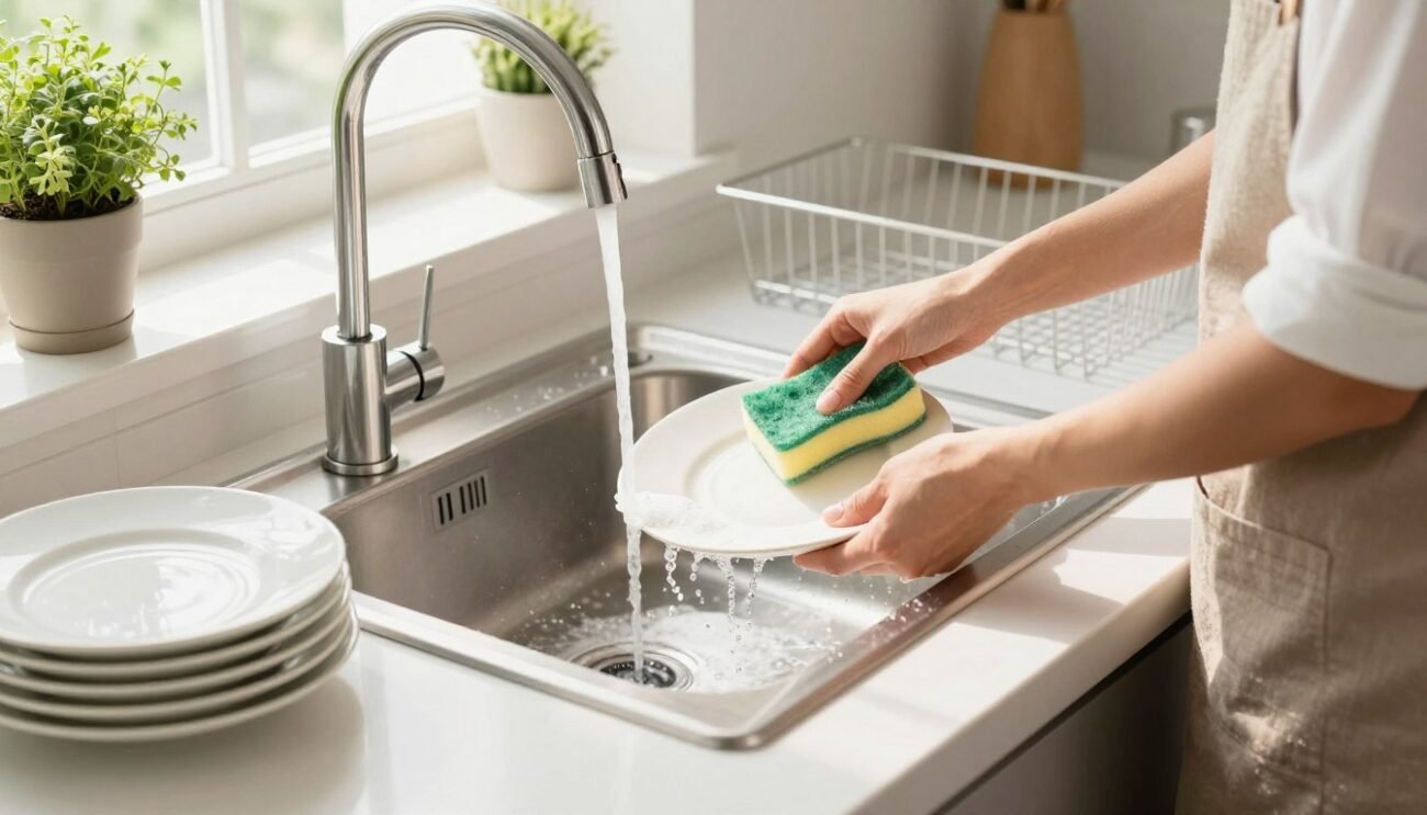 A bright, modern kitchen scene showcasing effective dishwashing habits to save water. In the foreground, a person dressed in professional casual attire is scrubbing a plate under a water-efficient faucet, with a kitchen sponge in one hand and a stack of neatly rinsed dishes drying nearby. In the middle ground, a partially filled sink displays a small amount of soapy water, emphasizing the minimal use of water. The background features a well-organized dish rack and potted herbs on the window sill, letting in natural daylight that creates a warm, inviting atmosphere. The lighting is soft and bright, enhancing the cleanliness of the space, shot from a slightly elevated angle to capture the essence of everyday efficiency in water-saving dishwashing. A bright, modern kitchen scene showcasing effective dishwashing habits to save water. In the foreground, a person dressed in professional casual attire is scrubbing a plate under a water-efficient faucet, with a kitchen sponge in one hand and a stack of neatly rinsed dishes drying nearby. In the middle ground, a partially filled sink displays a small amount of soapy water, emphasizing the minimal use of water. The background features a well-organized dish rack and potted herbs on the window sill, letting in natural daylight that creates a warm, inviting atmosphere. The lighting is soft and bright, enhancing the cleanliness of the space, shot from a slightly elevated angle to capture the essence of everyday efficiency in water-saving dishwashing.