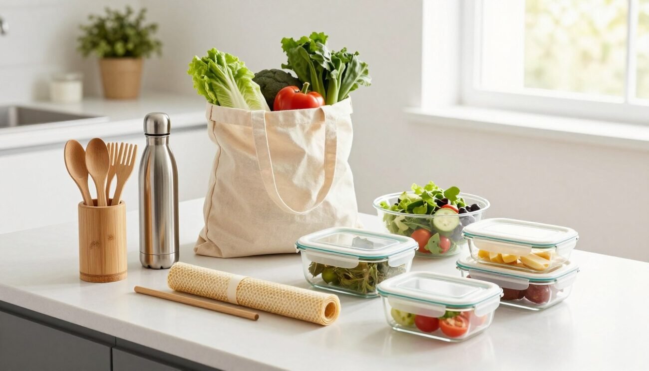A brightly lit, inviting kitchen countertop showcasing ten innovative alternatives to disposable products, arranged in a visually appealing manner. In the foreground, a bamboo cutlery set, a reusable straw, a stainless steel water bottle, and a glass food storage container. In the middle ground, a stylish cloth shopping bag filled with fresh produce, and a beeswax wrap neatly covering a bowl of leftovers. The background features a potted plant and a window allowing natural sunlight to stream in, illuminating the materials. The overall mood is clean, eco-friendly, and inspiring, emphasizing a sustainable lifestyle. The composition is shot from a slightly elevated angle to capture the details of the products, enhancing the focus on their practicality and aesthetic appeal. A brightly lit, inviting kitchen countertop showcasing ten innovative alternatives to disposable products, arranged in a visually appealing manner. In the foreground, a bamboo cutlery set, a reusable straw, a stainless steel water bottle, and a glass food storage container. In the middle ground, a stylish cloth shopping bag filled with fresh produce, and a beeswax wrap neatly covering a bowl of leftovers. The background features a potted plant and a window allowing natural sunlight to stream in, illuminating the materials. The overall mood is clean, eco-friendly, and inspiring, emphasizing a sustainable lifestyle. The composition is shot from a slightly elevated angle to capture the details of the products, enhancing the focus on their practicality and aesthetic appeal.