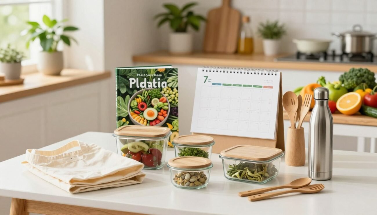 A colorful, organized workspace featuring eco-friendly preparation tools for a plastic-free challenge. In the foreground, display reusable bags, glass containers, bamboo utensils, and a stainless steel water bottle. The middle ground should show a neatly arranged table with a plant-based cookbook and a calendar marking the 7-day challenge, alongside vibrant fruits and vegetables. In the background, create a bright, sunlit kitchen with green plants and wooden elements, enhancing the natural vibe. The scene exudes a fresh, inspiring atmosphere, emphasizing sustainability and readiness. The lighting should be soft and warm, creating an inviting space that encourages mindful living. Focus on clarity and detail to illustrate the tools effectively, avoiding any text or branding in the image. A colorful, organized workspace featuring eco-friendly preparation tools for a plastic-free challenge. In the foreground, display reusable bags, glass containers, bamboo utensils, and a stainless steel water bottle. The middle ground should show a neatly arranged table with a plant-based cookbook and a calendar marking the 7-day challenge, alongside vibrant fruits and vegetables. In the background, create a bright, sunlit kitchen with green plants and wooden elements, enhancing the natural vibe. The scene exudes a fresh, inspiring atmosphere, emphasizing sustainability and readiness. The lighting should be soft and warm, creating an inviting space that encourages mindful living. Focus on clarity and detail to illustrate the tools effectively, avoiding any text or branding in the image.