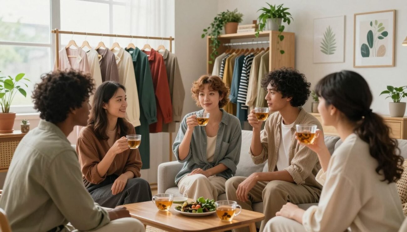 A cozy and inviting living space showcasing the concept of daily ethical fashion. In the foreground, a diverse group of three individuals dressed in stylish, eco-friendly clothing made from sustainable materials, engaging in a conversation while sipping herbal tea. The middle ground features a neatly organized wardrobe filled with neatly hung, colorful garments, labeled with tags indicating their ethical origins. In the background, large windows allow soft, natural light to flood the room, highlighting houseplants and artwork depicting sustainable fashion. The atmosphere is warm and welcoming, conveying a sense of community and mindfulness in the pursuit of ethical living. The scene should evoke inspiration and thoughtfulness, inviting viewers to embrace a more responsible approach to their wardrobe choices. A cozy and inviting living space showcasing the concept of daily ethical fashion. In the foreground, a diverse group of three individuals dressed in stylish, eco-friendly clothing made from sustainable materials, engaging in a conversation while sipping herbal tea. The middle ground features a neatly organized wardrobe filled with neatly hung, colorful garments, labeled with tags indicating their ethical origins. In the background, large windows allow soft, natural light to flood the room, highlighting houseplants and artwork depicting sustainable fashion. The atmosphere is warm and welcoming, conveying a sense of community and mindfulness in the pursuit of ethical living. The scene should evoke inspiration and thoughtfulness, inviting viewers to embrace a more responsible approach to their wardrobe choices.