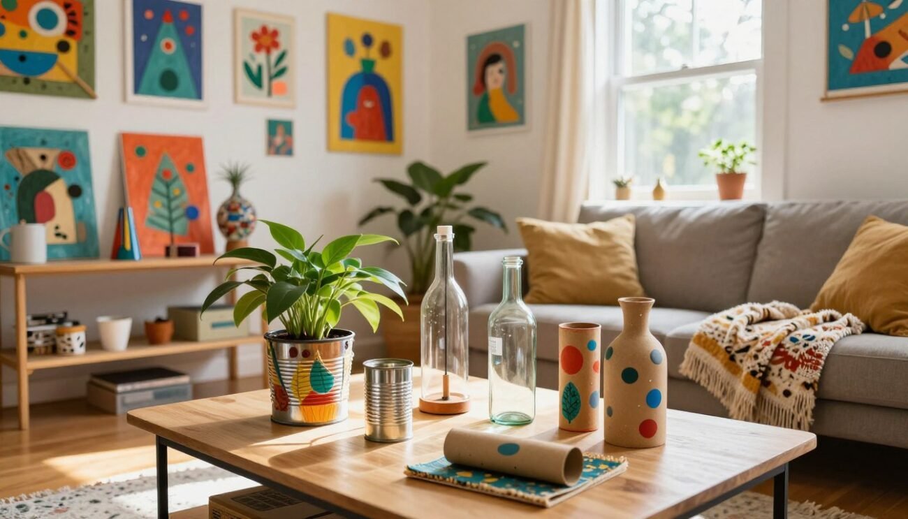 A cozy, inviting living room filled with innovative ideas for upcycling household materials. In the foreground, a creatively arranged coffee table showcases several transformed items like a plant pot made from an old tin can, a lamp crafted from a glass bottle, and a decorative vase from a repurposed cardboard tube. The middle ground features a bright, sunlit room with colorful artwork on the walls, recycled material crafts prominently displayed on shelves, and a cozy couch draped with a handmade throw. The background shows a window with greenery outside, casting warm light into the space. The atmosphere is cheerful and inspiring, evoking a sense of creativity and sustainability. Bright natural lighting accentuates the textures and colors of the upcycled materials, creating an uplifting mood. Use a wide-angle lens for an expansive view, emphasizing the harmonious integration of reuse in everyday life. A cozy, inviting living room filled with innovative ideas for upcycling household materials. In the foreground, a creatively arranged coffee table showcases several transformed items like a plant pot made from an old tin can, a lamp crafted from a glass bottle, and a decorative vase from a repurposed cardboard tube. The middle ground features a bright, sunlit room with colorful artwork on the walls, recycled material crafts prominently displayed on shelves, and a cozy couch draped with a handmade throw. The background shows a window with greenery outside, casting warm light into the space. The atmosphere is cheerful and inspiring, evoking a sense of creativity and sustainability. Bright natural lighting accentuates the textures and colors of the upcycled materials, creating an uplifting mood. Use a wide-angle lens for an expansive view, emphasizing the harmonious integration of reuse in everyday life.