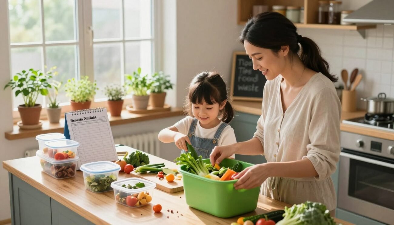 A cozy kitchen scene depicting a family engaging in daily waste reduction tactics. In the foreground, a mother and daughter are joyfully sorting vegetables, composting scraps into a green bin, and preparing a meal with fresh ingredients. The middle ground showcases a clutter-free countertop with reusable containers and a meal planner. In the background, sunlight streams through a large window, illuminating a small indoor herb garden and a chalkboard written with tips on reducing food waste. The atmosphere is warm and inviting, capturing a sense of community and teamwork. The scene is captured with soft, natural lighting, using a slightly elevated angle to highlight both the family and the organized kitchen environment. A cozy kitchen scene depicting a family engaging in daily waste reduction tactics. In the foreground, a mother and daughter are joyfully sorting vegetables, composting scraps into a green bin, and preparing a meal with fresh ingredients. The middle ground showcases a clutter-free countertop with reusable containers and a meal planner. In the background, sunlight streams through a large window, illuminating a small indoor herb garden and a chalkboard written with tips on reducing food waste. The atmosphere is warm and inviting, capturing a sense of community and teamwork. The scene is captured with soft, natural lighting, using a slightly elevated angle to highlight both the family and the organized kitchen environment.