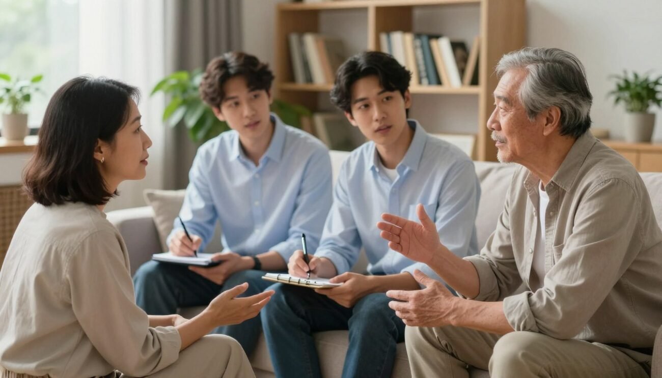 A cozy, modern living room setting featuring a diverse group of three individuals engaged in a thoughtful discussion about reducing consumer habits. In the foreground, a middle-aged woman, dressed in smart casual attire, gestures as she shares ideas on minimalism. In the middle, a young man, wearing a neat shirt, takes notes on a notepad, while an older gentleman, donned in casual but respectable clothing, nods in agreement. The background showcases a shelf lined with books about sustainable living and budgeting, along with green plants that symbolize growth and responsibility. Soft natural light filters through a window, creating a warm and inviting atmosphere that encourages reflection and dialogue on the topic of mindful purchasing. The camera angle is slightly elevated, giving a clear view of their engaged expressions and the inviting space around them. A cozy, modern living room setting featuring a diverse group of three individuals engaged in a thoughtful discussion about reducing consumer habits. In the foreground, a middle-aged woman, dressed in smart casual attire, gestures as she shares ideas on minimalism. In the middle, a young man, wearing a neat shirt, takes notes on a notepad, while an older gentleman, donned in casual but respectable clothing, nods in agreement. The background showcases a shelf lined with books about sustainable living and budgeting, along with green plants that symbolize growth and responsibility. Soft natural light filters through a window, creating a warm and inviting atmosphere that encourages reflection and dialogue on the topic of mindful purchasing. The camera angle is slightly elevated, giving a clear view of their engaged expressions and the inviting space around them.