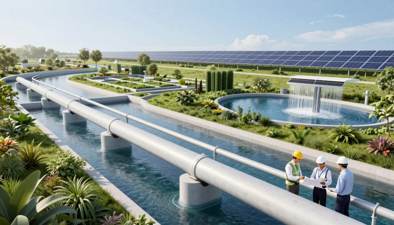 A detailed visualization of modern water infrastructure projects addressing water scarcity challenges. In the foreground, showcase a network of elegantly designed aqueducts and reservoirs, with engineers and environmentalists in professional attire collaborating on plans. The middle ground features lush greenery and innovative water conservation techniques like vertical gardens and rainwater harvesting systems. In the background, a clear blue sky with a distant view of solar panels harvesting energy to power the water systems, symbolizing sustainability. Use soft, natural lighting to create a hopeful and inspiring atmosphere, capturing the essence of innovation in water management. The angle should be slightly elevated, providing a broad view of the landscape that emphasizes the scale and importance of these projects. A detailed visualization of modern water infrastructure projects addressing water scarcity challenges. In the foreground, showcase a network of elegantly designed aqueducts and reservoirs, with engineers and environmentalists in professional attire collaborating on plans. The middle ground features lush greenery and innovative water conservation techniques like vertical gardens and rainwater harvesting systems. In the background, a clear blue sky with a distant view of solar panels harvesting energy to power the water systems, symbolizing sustainability. Use soft, natural lighting to create a hopeful and inspiring atmosphere, capturing the essence of innovation in water management. The angle should be slightly elevated, providing a broad view of the landscape that emphasizes the scale and importance of these projects.