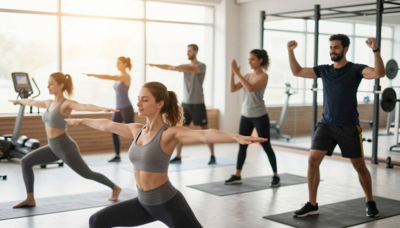 A diverse group of individuals engaged in physical training during Ramadan, set in a brightly lit gym. In the foreground, a woman in modest athletic wear performs yoga, embodying focus and serenity. To her right, a man does strength training with weights, showcasing determination. In the middle ground, a small group participates in a cardio workout, all smiling and encouraging each other, creating an atmosphere of camaraderie. The background features large windows letting in warm sunlight, reflecting the spirit of positivity and health during the fasting month. Capture this scene with a soft-focus effect, emphasizing the bright, uplifting mood of collective effort, motivation, and the essence of a sustainable Ramadan challenge. A diverse group of individuals engaged in physical training during Ramadan, set in a brightly lit gym. In the foreground, a woman in modest athletic wear performs yoga, embodying focus and serenity. To her right, a man does strength training with weights, showcasing determination. In the middle ground, a small group participates in a cardio workout, all smiling and encouraging each other, creating an atmosphere of camaraderie. The background features large windows letting in warm sunlight, reflecting the spirit of positivity and health during the fasting month. Capture this scene with a soft-focus effect, emphasizing the bright, uplifting mood of collective effort, motivation, and the essence of a sustainable Ramadan challenge.