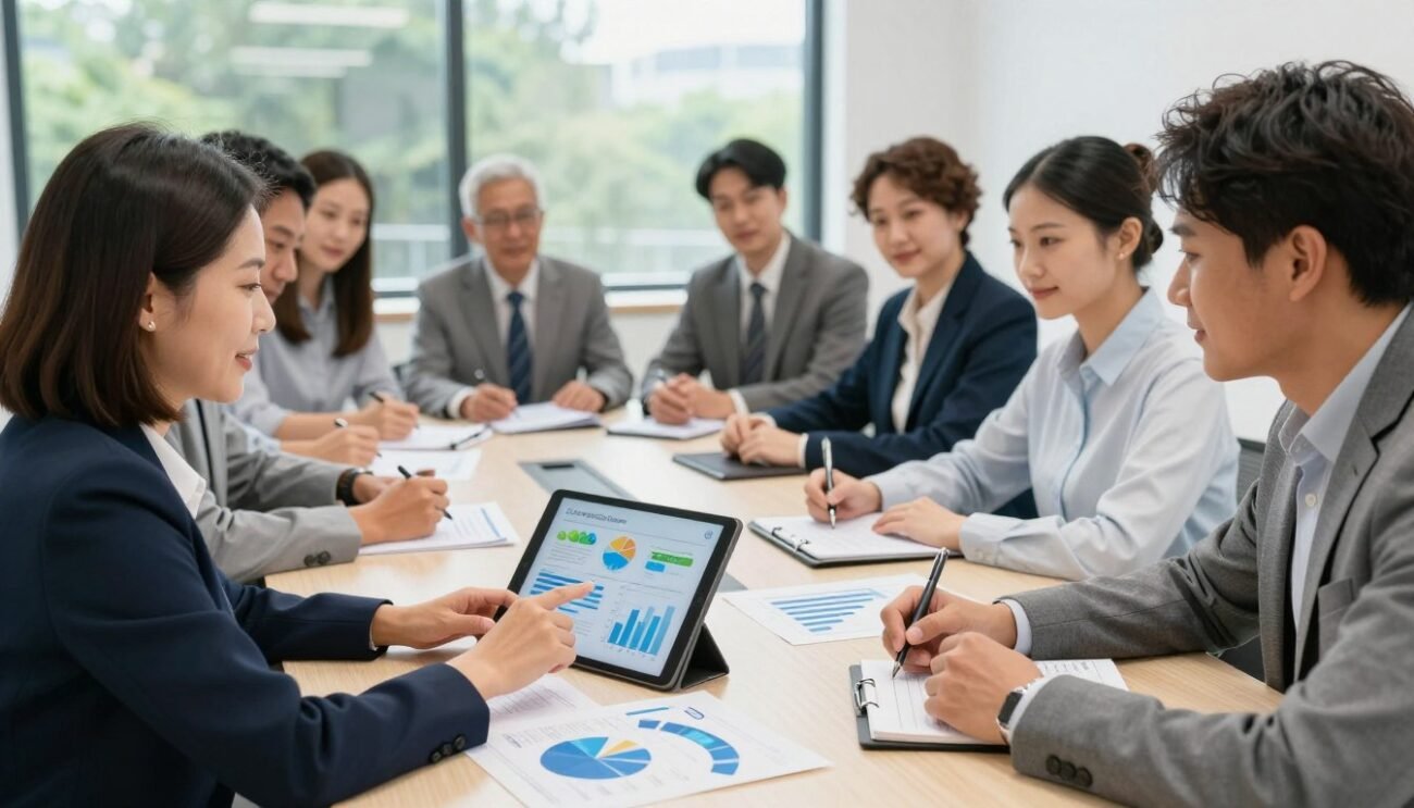 A diverse group of professionals engaged in a collaborative meeting around a large table, discussing water conservation strategies. In the foreground, a middle-aged woman in smart business attire points to a colorful infographic on a tablet, while a younger man takes notes. The middle ground features charts and graphs detailing water usage statistics. The background displays a bright, modern conference room with large windows letting in natural light, showcasing greenery outside. The atmosphere is focused and optimistic, reflecting teamwork and dedication to the water project. Ensure clear lighting that highlights the faces of the participants, captured at eye level for an immersive perspective. A diverse group of professionals engaged in a collaborative meeting around a large table, discussing water conservation strategies. In the foreground, a middle-aged woman in smart business attire points to a colorful infographic on a tablet, while a younger man takes notes. The middle ground features charts and graphs detailing water usage statistics. The background displays a bright, modern conference room with large windows letting in natural light, showcasing greenery outside. The atmosphere is focused and optimistic, reflecting teamwork and dedication to the water project. Ensure clear lighting that highlights the faces of the participants, captured at eye level for an immersive perspective.