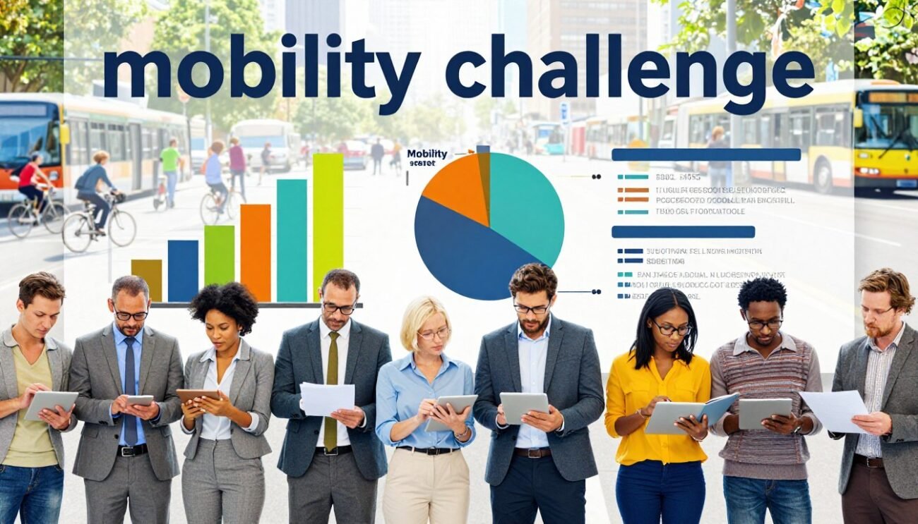 A dynamic infographic depicting the "mobility challenge" statistics. In the foreground, a diverse group of professionals in business attire, such as suits and smart casual wear, stand while discussing data on tablets and documents. In the middle ground, colorful bar graphs and pie charts illustrate key mobility data, like modes of transportation and participant feedback. The background features a vibrant cityscape with cyclists, pedestrians, and public transport, emphasizing sustainable travel. The scene is illuminated by soft, natural light, creating an organized yet energetic atmosphere. Use a wide-angle lens to capture depth and detail in the statistics as well as the lively urban environment. The overall mood is hopeful and progressive, showcasing the impact of responsible mobility choices. A dynamic infographic depicting the "mobility challenge" statistics. In the foreground, a diverse group of professionals in business attire, such as suits and smart casual wear, stand while discussing data on tablets and documents. In the middle ground, colorful bar graphs and pie charts illustrate key mobility data, like modes of transportation and participant feedback. The background features a vibrant cityscape with cyclists, pedestrians, and public transport, emphasizing sustainable travel. The scene is illuminated by soft, natural light, creating an organized yet energetic atmosphere. Use a wide-angle lens to capture depth and detail in the statistics as well as the lively urban environment. The overall mood is hopeful and progressive, showcasing the impact of responsible mobility choices.