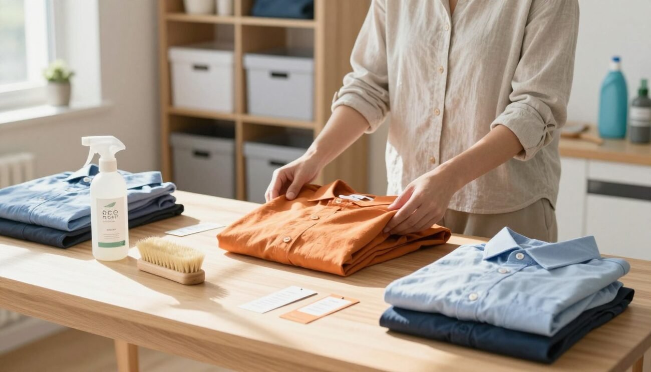 A meticulously organized workspace focused on clothing maintenance, with a bright, airy feel. In the foreground, a wooden table displays neatly folded shirts, a bottle of eco-friendly fabric spray, delicate brushes, and various garment care labels. The middle section features a person wearing modest casual clothing, gently inspecting a garment, illustrating proper care techniques. Natural sunlight streams in from a nearby window, casting soft shadows, and enhancing the vibrant colors of the clothing. In the background, shelves are filled with neatly organized storage boxes containing laundry supplies and tools for mending clothes. The overall atmosphere is calming and encouraging, emphasizing sustainability and thoughtful garment care in a minimalist, stylish environment. A meticulously organized workspace focused on clothing maintenance, with a bright, airy feel. In the foreground, a wooden table displays neatly folded shirts, a bottle of eco-friendly fabric spray, delicate brushes, and various garment care labels. The middle section features a person wearing modest casual clothing, gently inspecting a garment, illustrating proper care techniques. Natural sunlight streams in from a nearby window, casting soft shadows, and enhancing the vibrant colors of the clothing. In the background, shelves are filled with neatly organized storage boxes containing laundry supplies and tools for mending clothes. The overall atmosphere is calming and encouraging, emphasizing sustainability and thoughtful garment care in a minimalist, stylish environment.